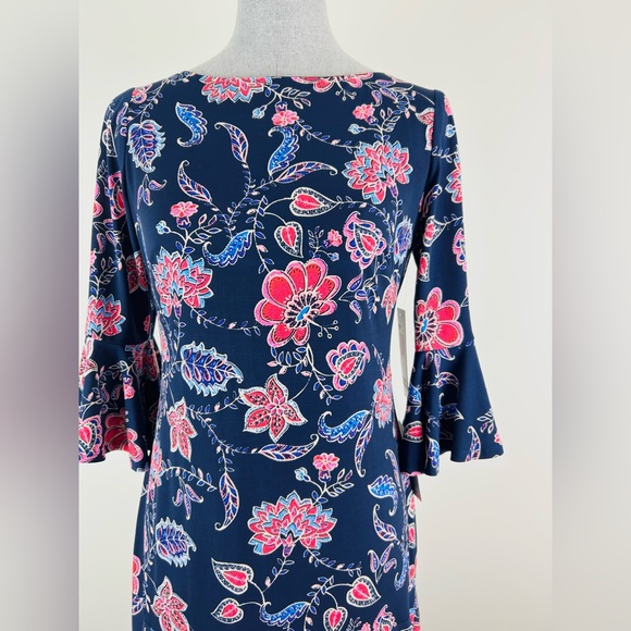 Eliza‎ J Navy Dress with Pink Floral Design - Picture 2 of 12